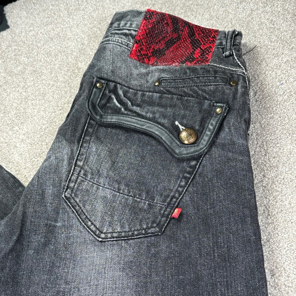Stash House Men 34 Jeans Black Gold Embroidered Winged Graphic Y2K Streetwear